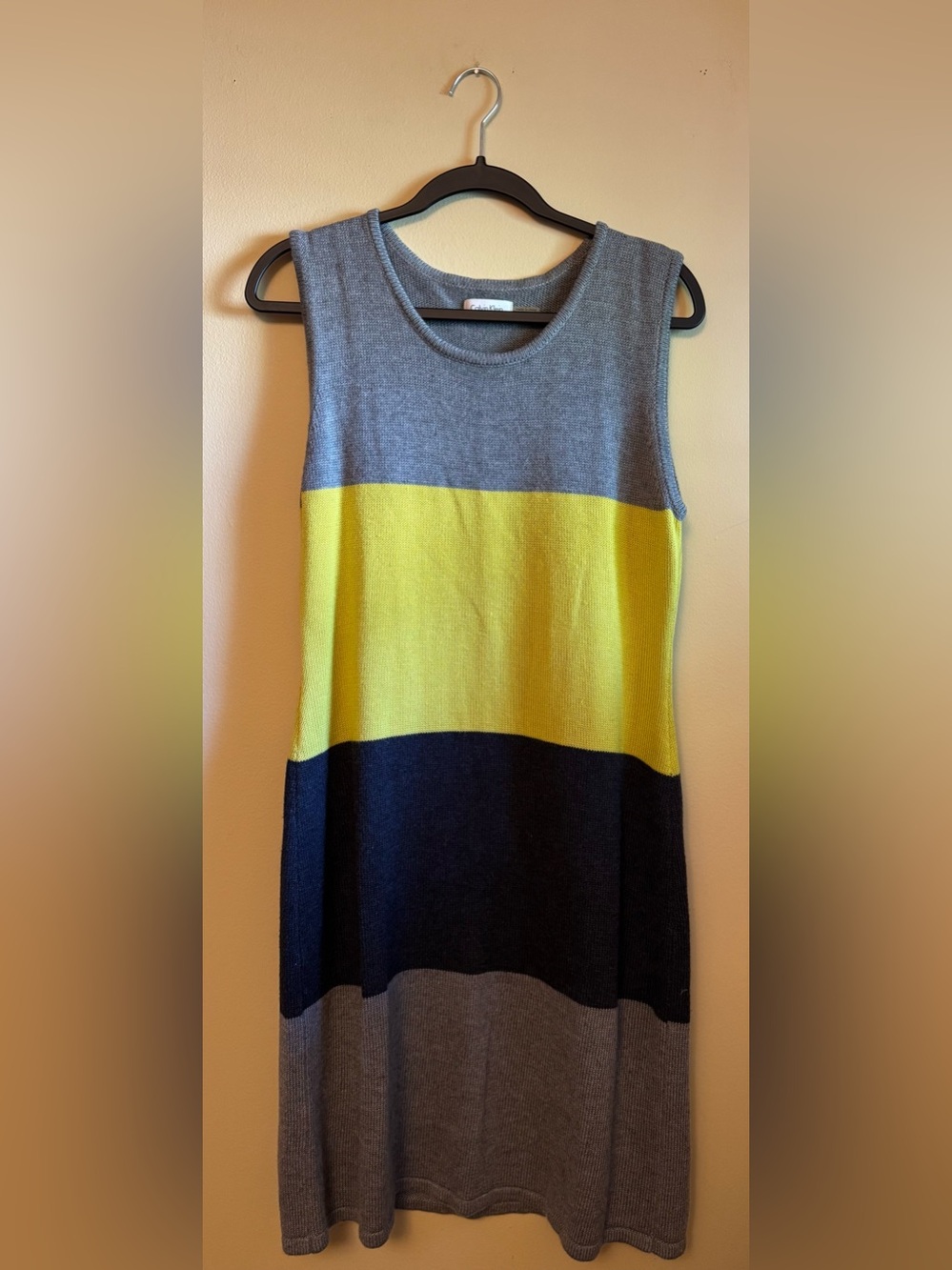 Calvin Klein Sleeveless Colorblock Knit Dress in Gray, Neon Green, Navy